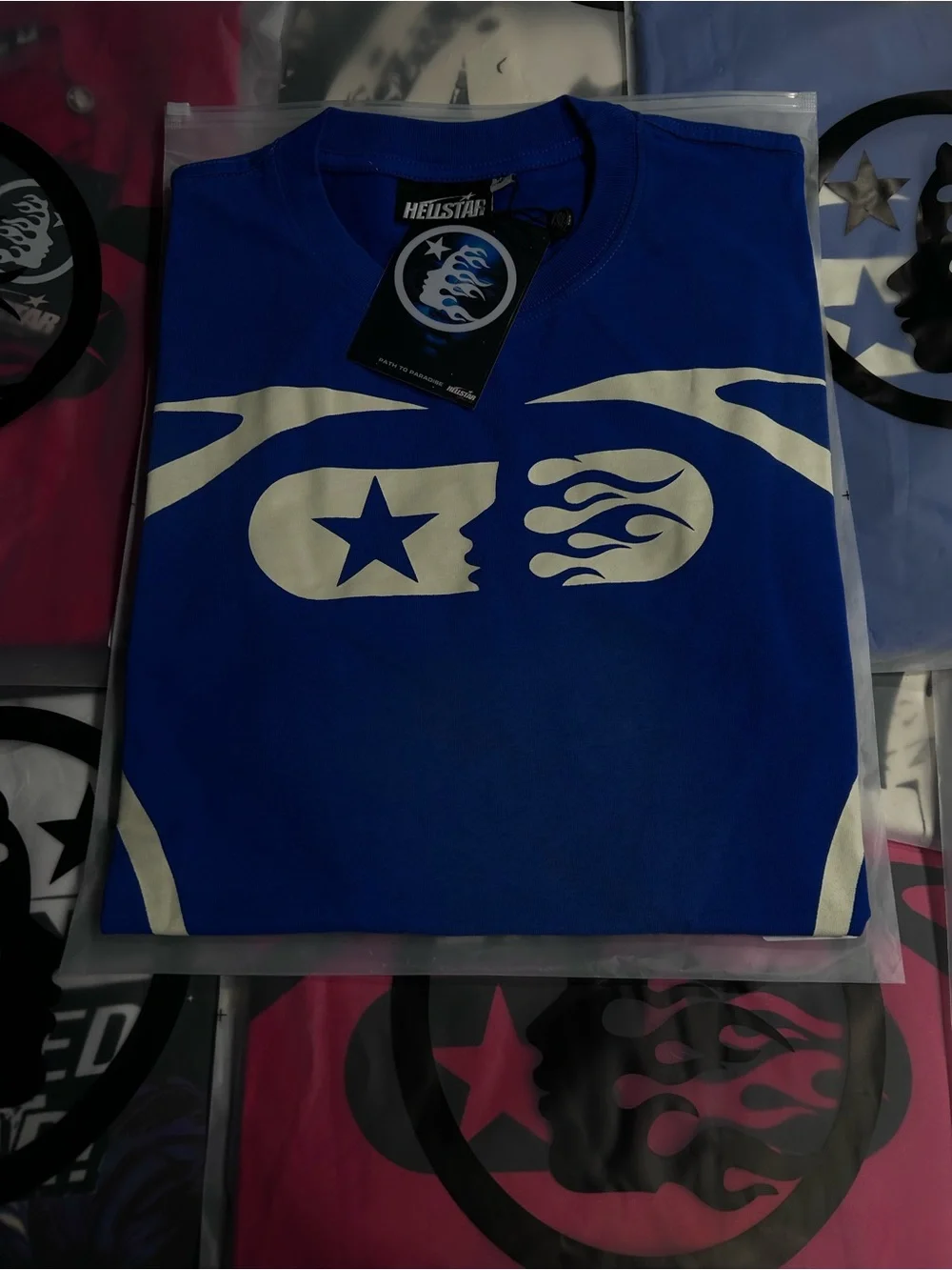 ' Blue Graphic Tee with Cream Flame Star Design
